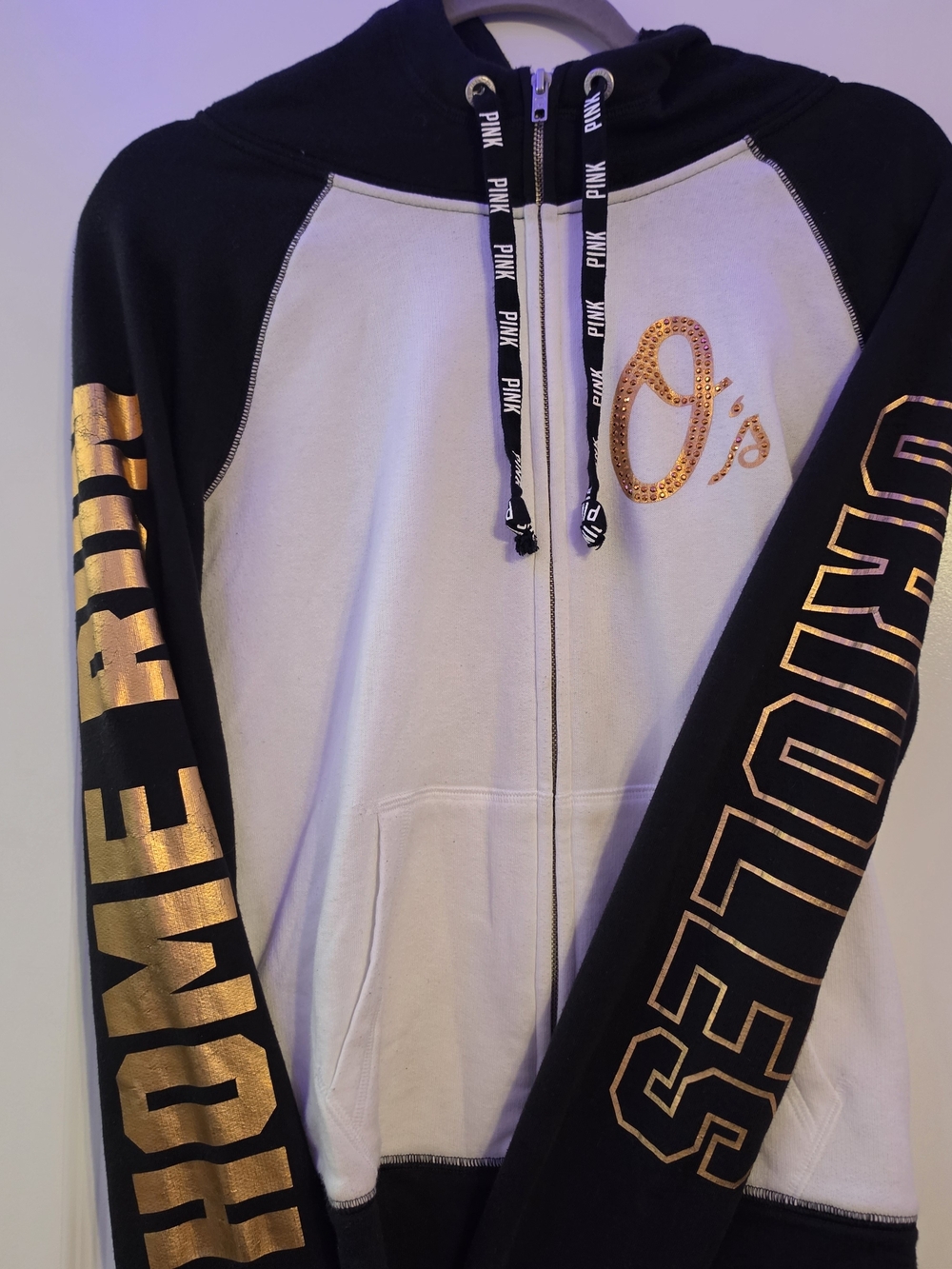 PINK Black & White Zip Hoodie with Gold Accents Baltimore Orioles